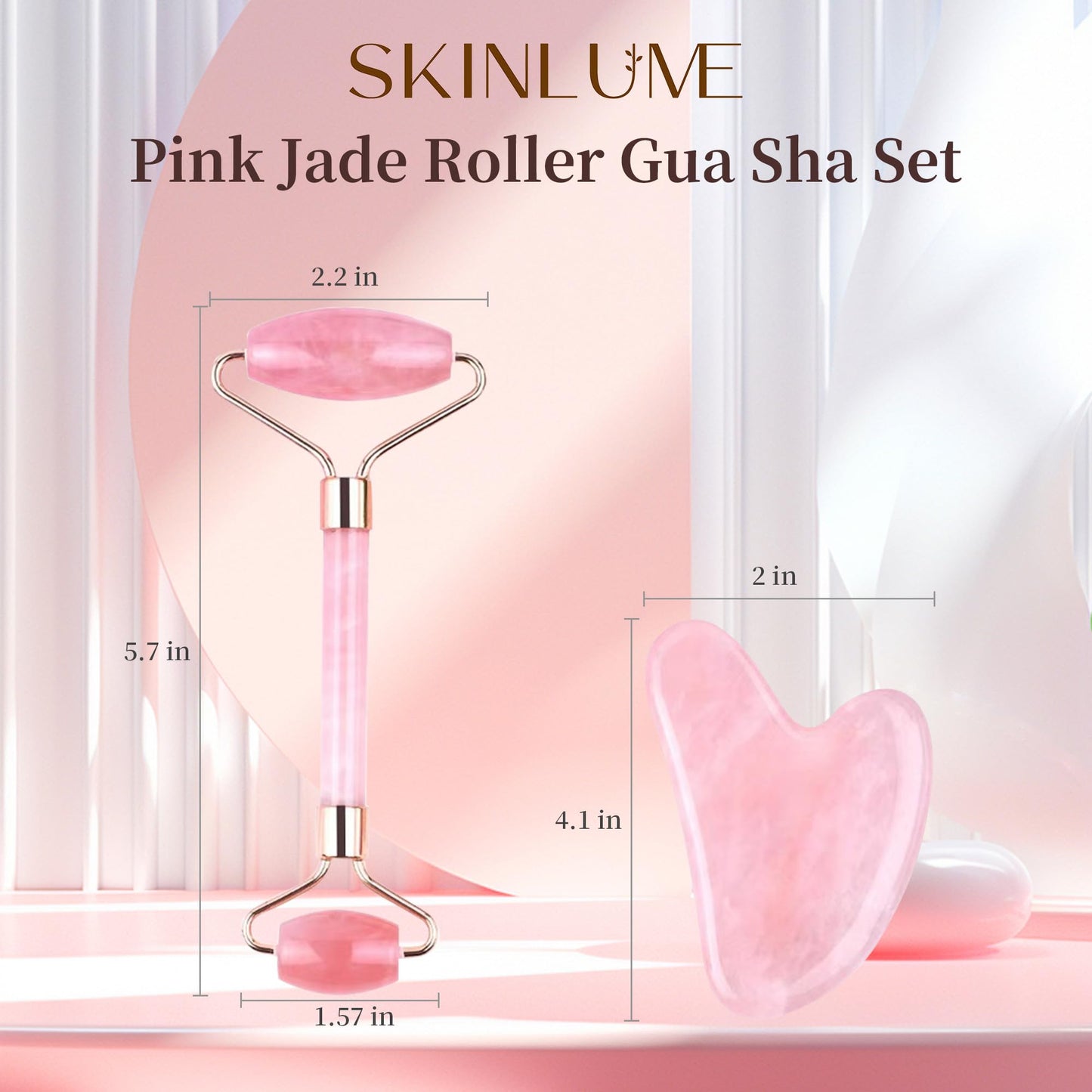 SkinLume Jade Roller Gua Sha Facial Tool - for Face Neck Eye Jawline, Reduce Puffiness and Tension, Gift Set for Men Woman 100% Natural Jade Stone (Pink)