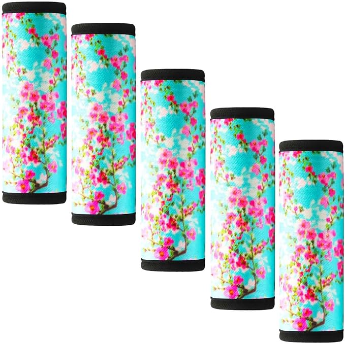 5 Pack Neoprene Luggage Handle Wraps Bright Luggage Tags/Identifiers/Marker/Grips Travel Accessories for Airplane/Flying/Luggage (Plum Blossom)