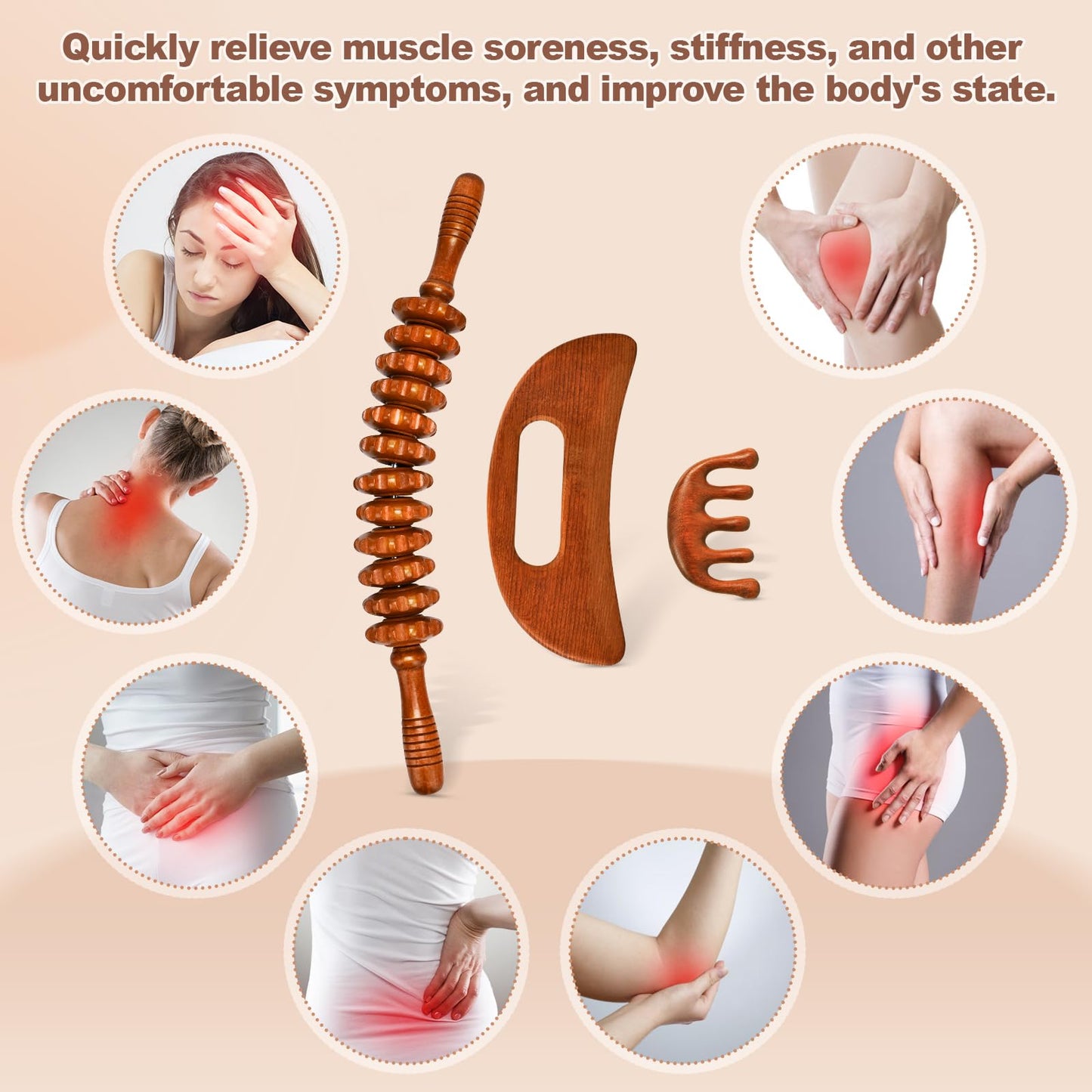 3-in-1 Wood Therapy Massage Tools Wooden Gua Sha Lymphatic Drainage Massager Body Sculpting Tools, Maderoterapia kit, Anti-Cellulite, Body Sculpting & Contouring