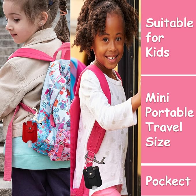 2 PCS Hand Sanitizer Travel Size Spray Case, Premium PU Leather Hand Sanitizer Keychains with Door Opener Tool, Spray or Squeeze, Refillable, Red, Black, Empty