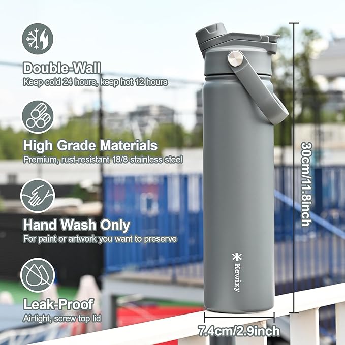 24 oz Insulated Water Bottle, 2-in-1 Lid, Straw & Spout with Protected, Leak Proof, Keep Cold, Stainless Steel, Metal, Reusable, Handle, for Travel, Gym and School, 2 Lids, Char Gray