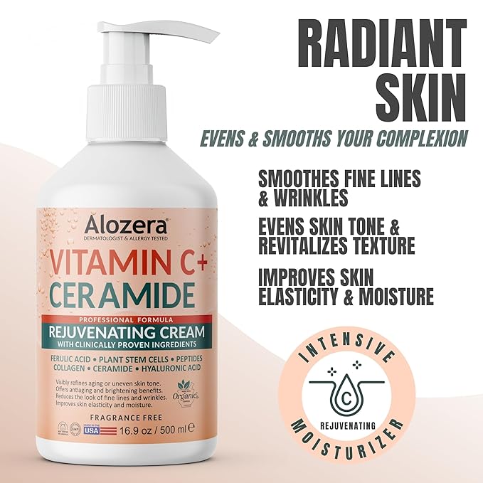 Alozera Vitamin C Body Lotion with Ceramides & Stem Cells, Anti-Aging Moisturizer Cream for Noticeably Youthful, Even Skin Tone, Lightweight, Fragrance-Free, 16.9 oz 2-Pack
