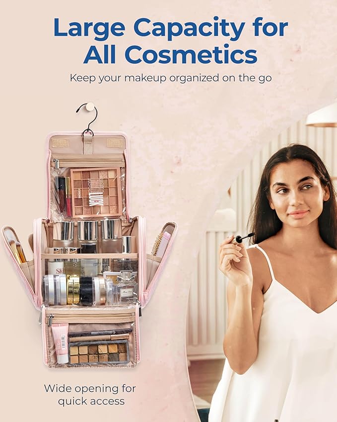 BAGSMART Makeup Bag for Women with Hanging Hook, Large Portable Capacity Water-resistant Organizer Travel Case for Toiletries and Cosmetics, Pink