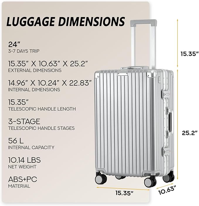 24 Inch Zipperless Checked Travel Luggage with Spinner Wheels,ABS+PC Hard Shell Suitcase with TSA Approved USB Port,Cup & Phone Holder for Women Men,Silver