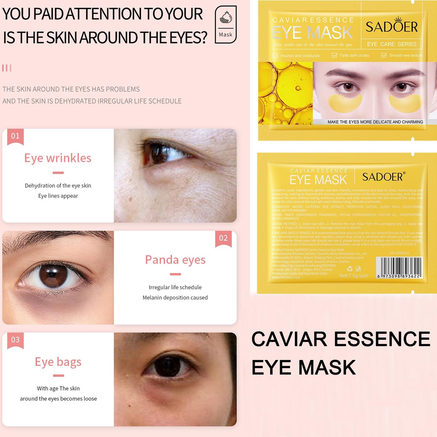 MEICOLY 30 Pads Eye and Lip Masks Sheet,Moisturizing Caviar Under Eye Mask,Hydrating Peach Lip Masks,Crystal Anti-Aging Eye Patches Dark Circle Remover with Box,15 Eye Mask+15 Lip Mask