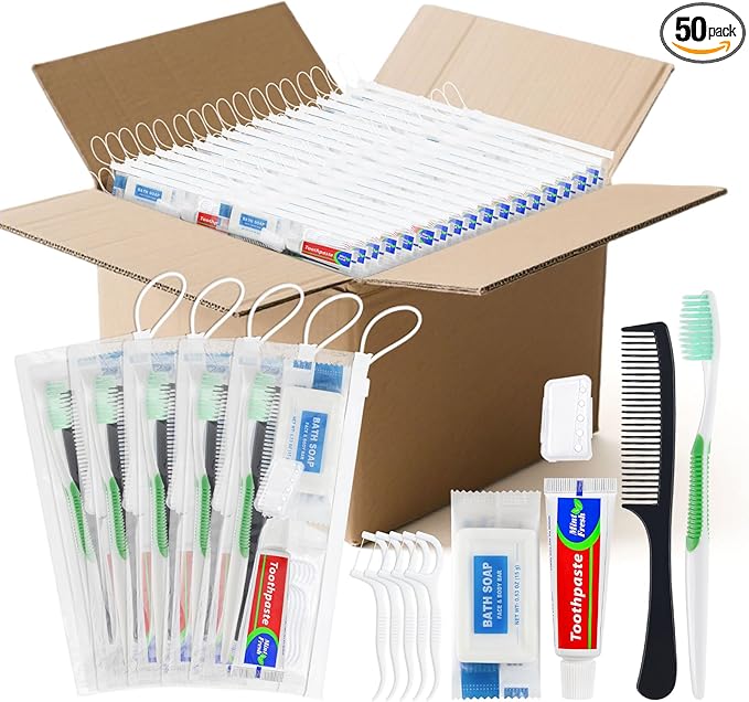 50 Set Personal Care Travel Toiletries Sets Bulk,7-in-1 Disposable Toothbrushes with Toothpaste and Floss,Comb,Soap,Cover,Zip Bag Toiletry Travel Toothbrush Kit for Homeless,Hotel,Charity