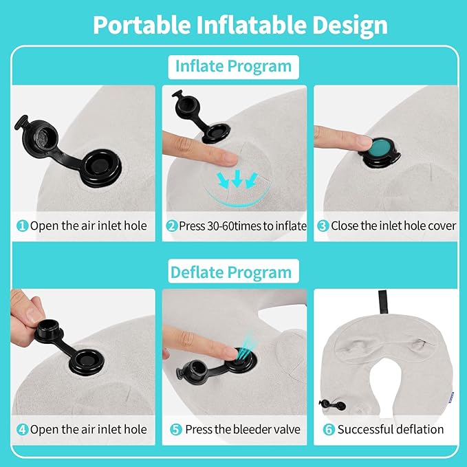 2 Pack Inflatable Travel Neck Pillows for Airplanes, Head Support Velvet Adult Neck Pillows for Long Flight, Kit with Eye Mask, Earplugs and Storage Bag, 2, Light Gray