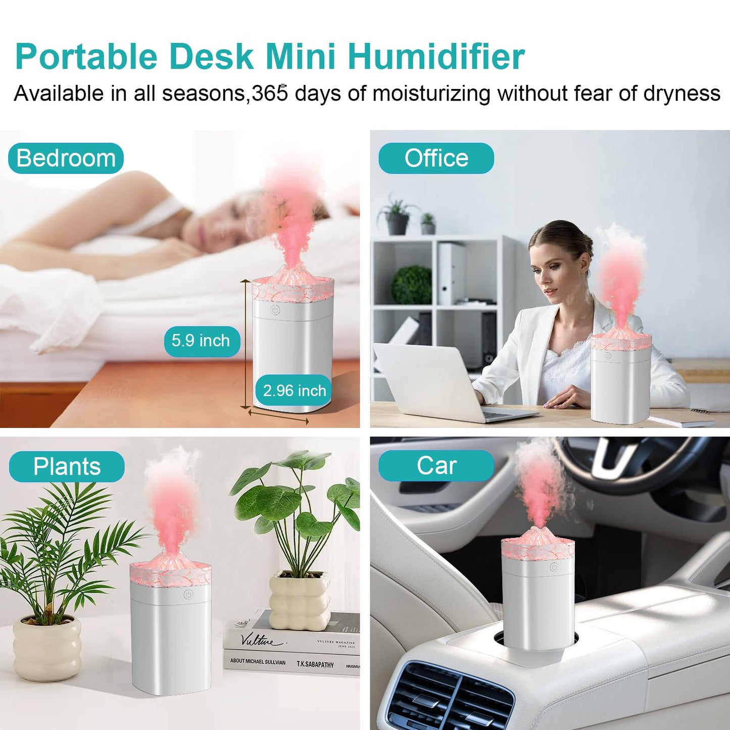 Portable Mini Humidifier, 400ml Small Humidifier with 2 Modes Large Spray, USB Personal Desktop Humidifiers for Home Bedroom Car Office Travel Yoga with 7 Color LED Light, Auto Shut-Off, Bass Work