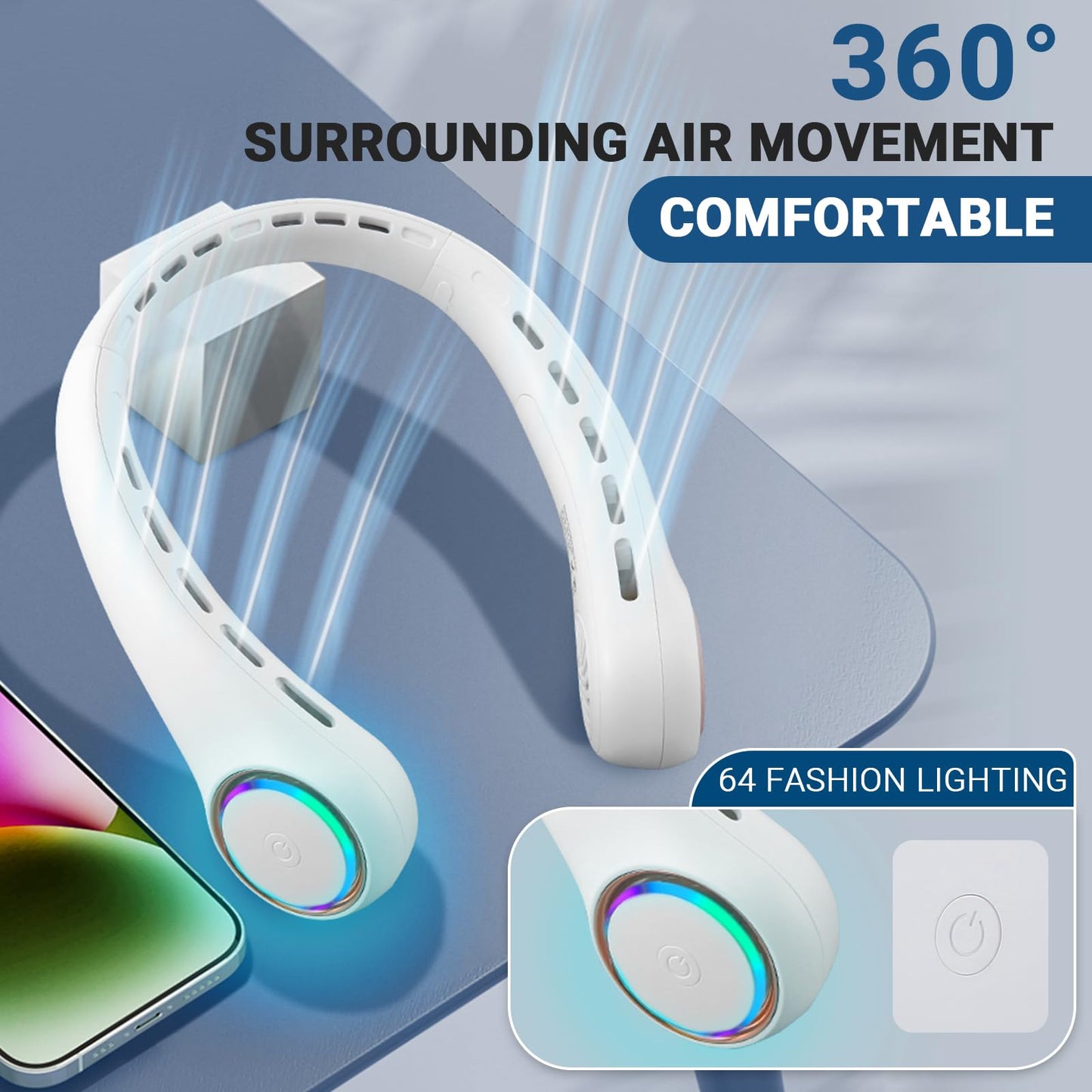 2 Pack Portable Neck Fan, Hands-Free Bladeless Design, 3 Speeds & 64 Cool Lights, 4000 mAh Battery Operated Rechargeable Wearable Personal Fan for Summer Cooling, Ideal for Outdoor, Indoor, Travel