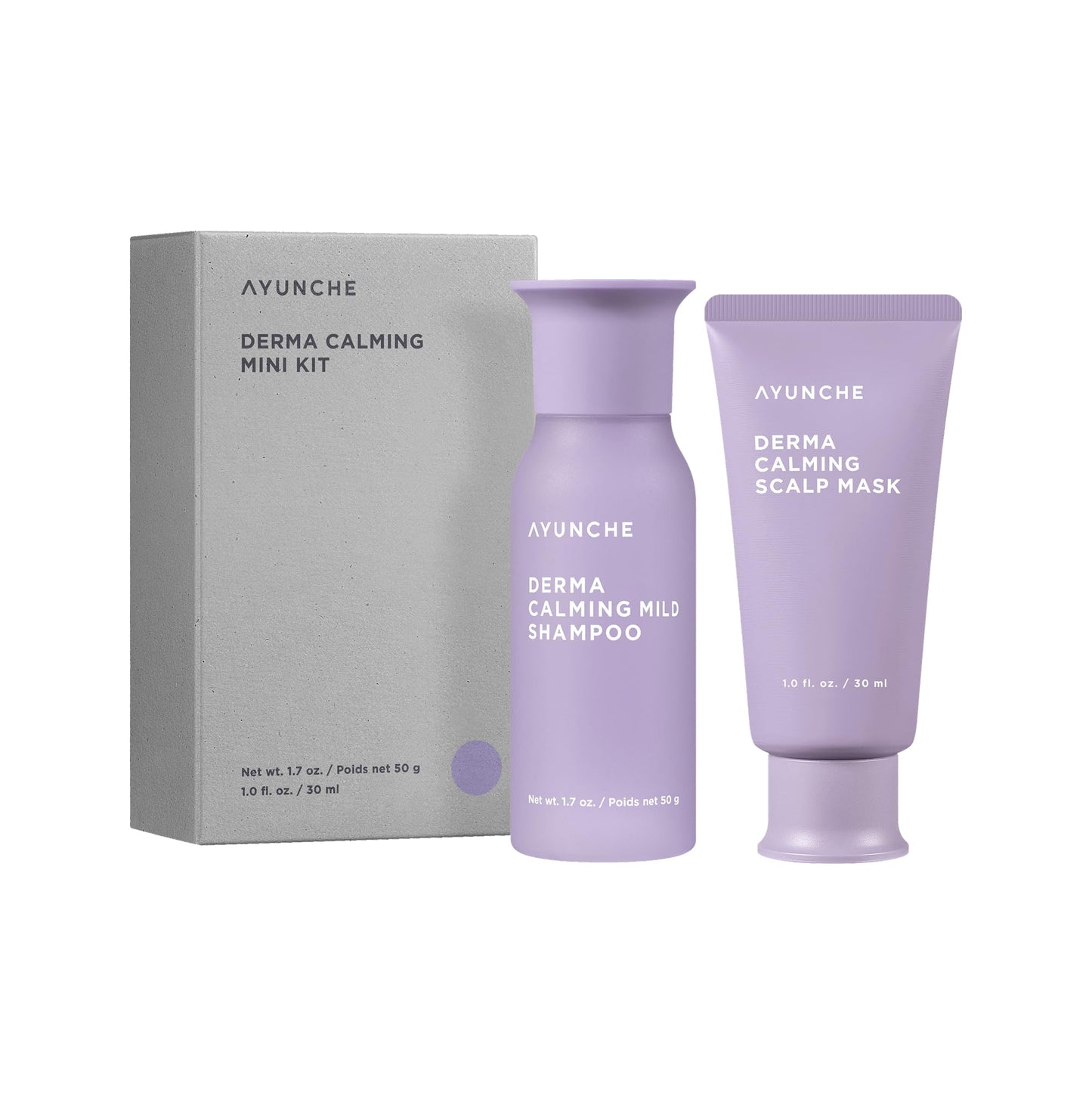 AYUNCHE Derma Calming Vegan Shampoo 1.76oz + Hair Mask 1oz Mini Kit [For Dry & Sensitive Scalp] | Gentle Hydrating Scalp Care | Strengthen Scalp Barrier | Korean Salon Brand