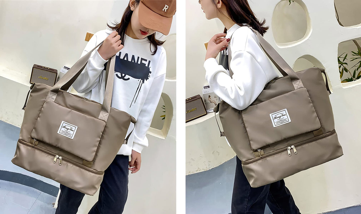 NWLR New Foldable Dry/Wet Separation Travel Duffel Bag with Shoe Compartment Large Capacity Folding Weekender Overnight Bag Lightweight Waterproof Gym Tote Bag (F-Khaki)