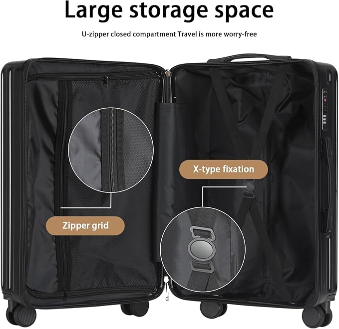 20 Inch Carry On Luggage With Cup Holder & USB Port, Airline Approved TSA-locked Luggage, Lightweight PC Material Travel Suitcase With 360° Spinner Wheel (20in-Black, 20in)
