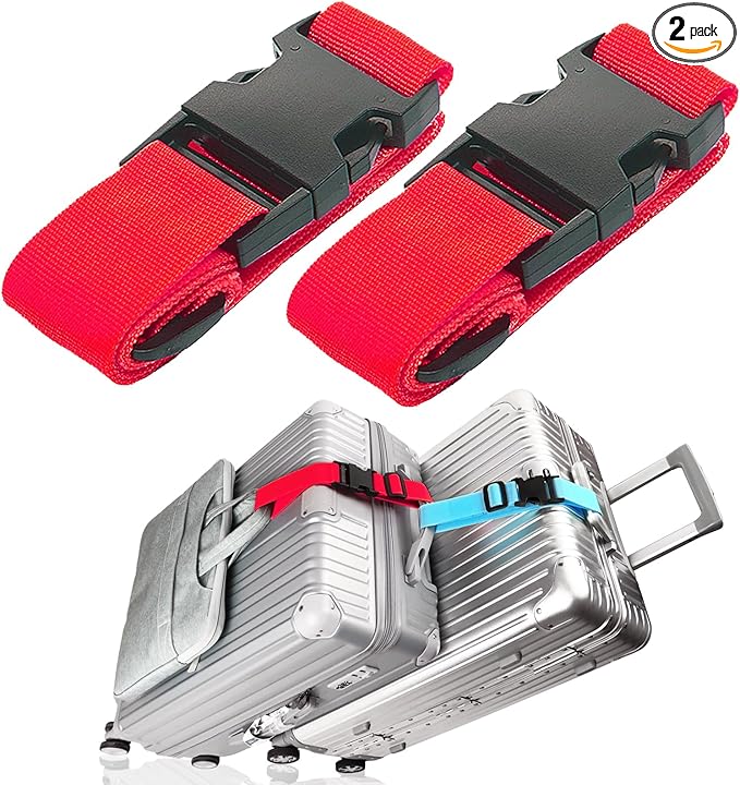 2Pack Luggage Straps for Suitcases, Travel Connector for Carry On Bag, Add Bag to Connect Two Suitcases, Adjustable Belt Attachment Accessories for Connect Your 3 Luggages, Red