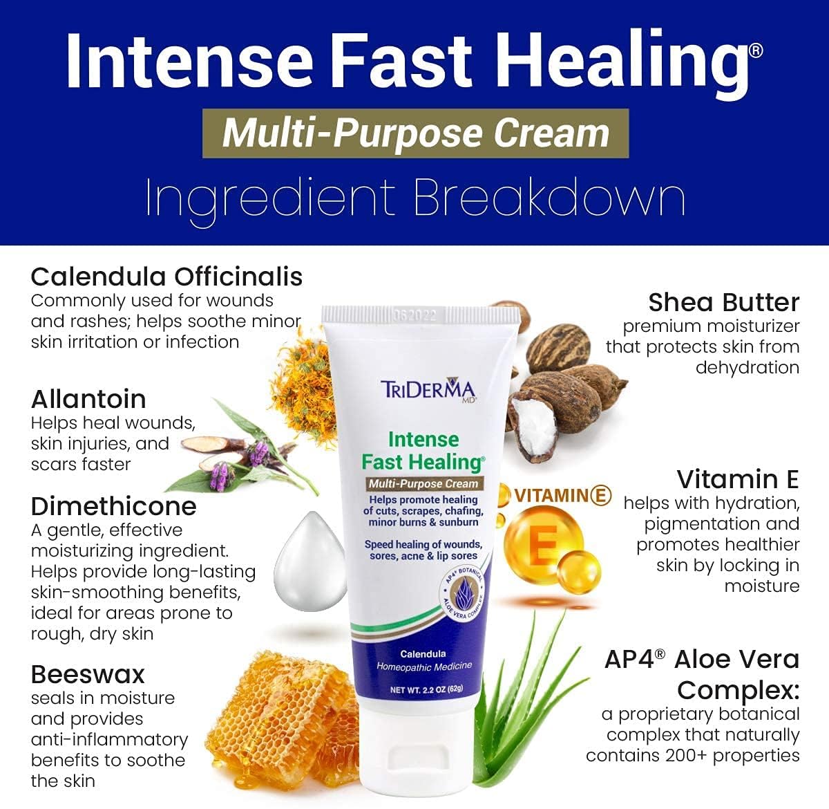 TriDerma Intense Fast Skin Healing Cream for Hard-to-Heal Skin Irritations, Sores, Rashes, Dry, Cracked Hands, Cuts, Chafing, Burns, Scrapes - First Aid Kit Essential - FSA Eligible - 2.2 oz