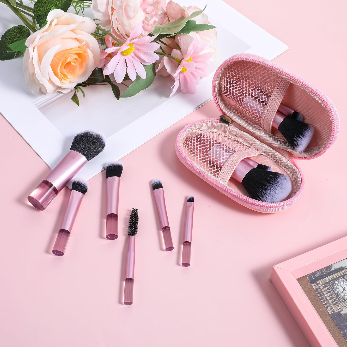 PEOVLVN 10 Pcs Travel Makeup Brushes, Mini Makeup Brushes Travel Set with Case Portable Travel Size Makeup Brushes Cosmetic Brushes Kit for Foundation Eyeshadow Highlight Contour Blush & Concealer