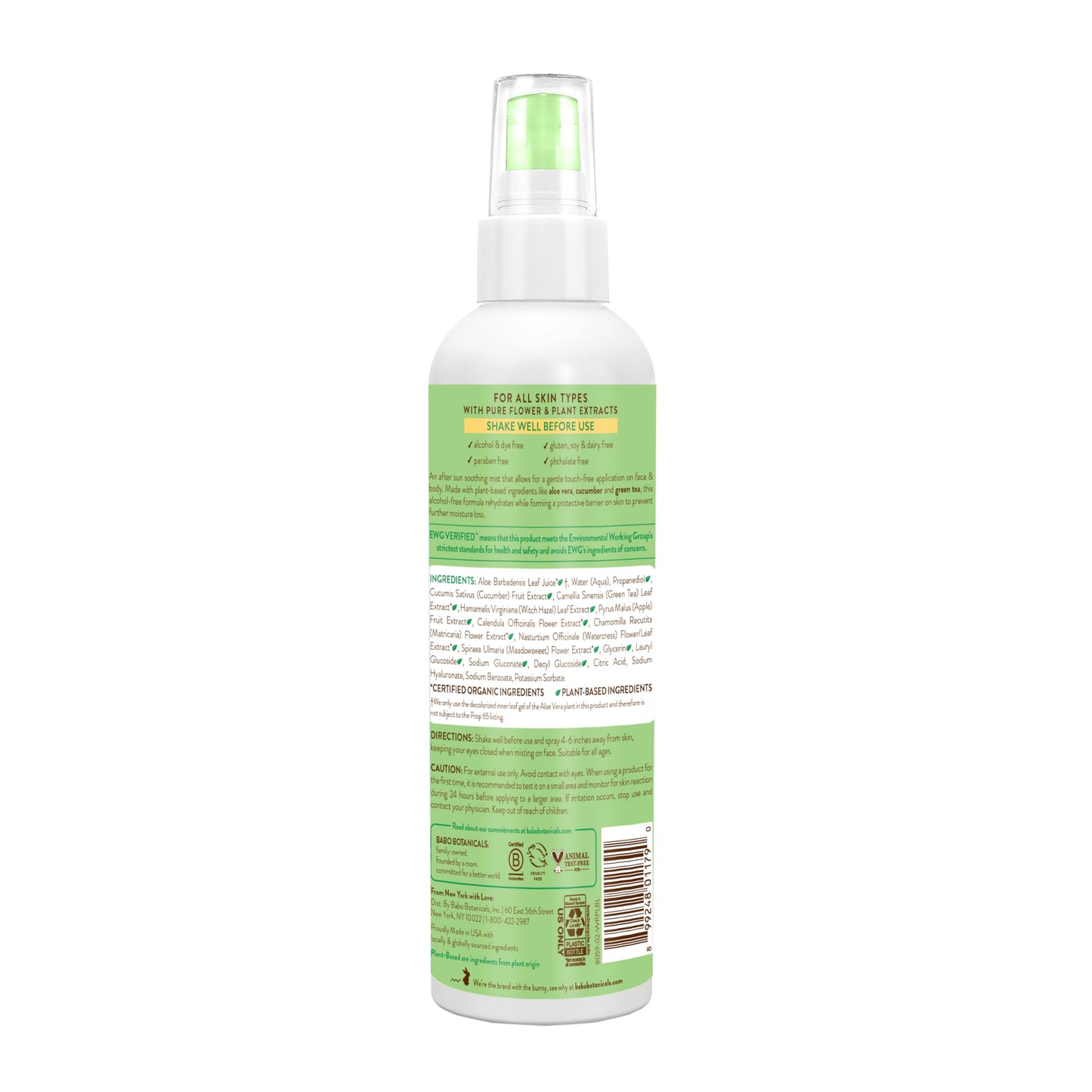 Babo Botanicals After Sun Soothing Mist - Aloe Vera & Cucumber - For Face, Body & Sensitive Skin - Non-Aerosol - No-touch application - EWG Verified - Alcohol-Free - Scented with cucumber extract