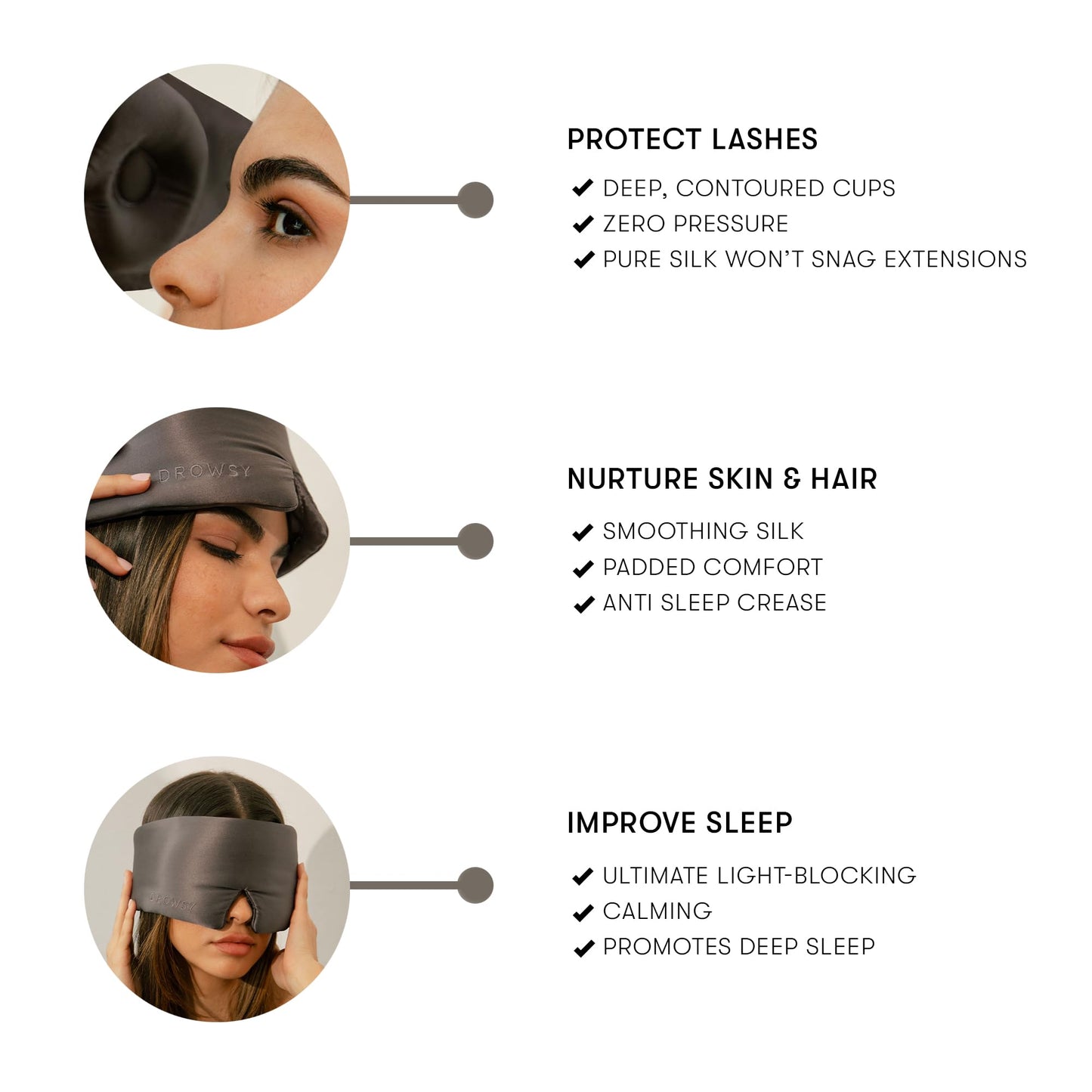DROWSY Eyelash Protecting Silk Sleep Mask for Natural Lashes & Extensions. Deep Eye Cups, Zero Pressure, Total Blackout, Full Wraparound (Moonlight Shadow)