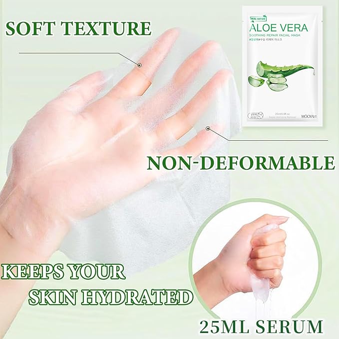 Aloe Vera Face Masks Sheets Skin Care for All Skin Types, Deeping Hydrating Face Masks Soothing Facial Mask for Sensitive Skin Types, Moisturize Nourish Rejuvenating Facial Masks Skin Care 15Sheets