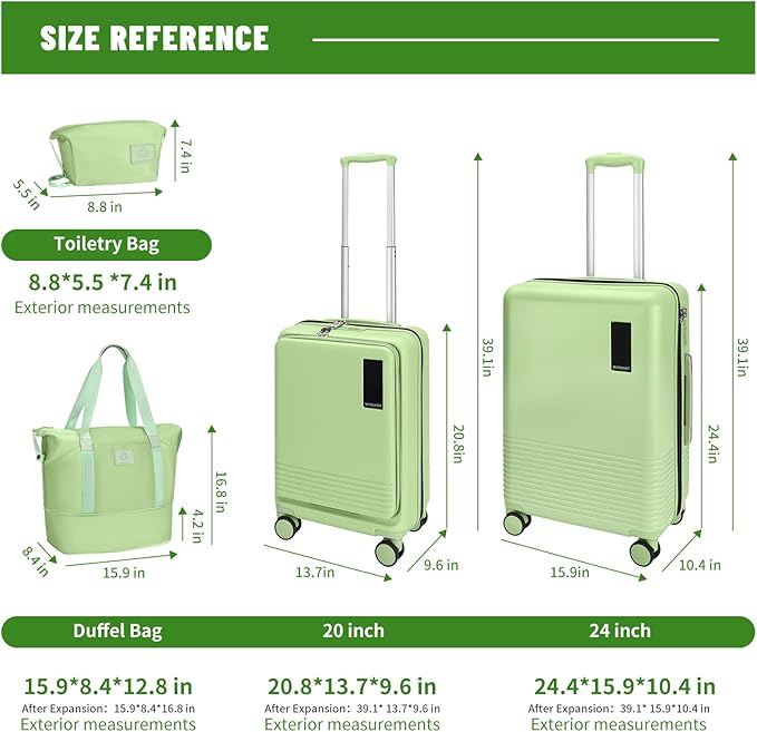 2 Piece Luggage Sets with Spinner Wheels Front Open Pocket, ABS+PC Suitcase with TSA Lock & YKK Zipper, Carry On 20/24 inch Medium +Toiletry Bag+Handbag, Light Avocado Green