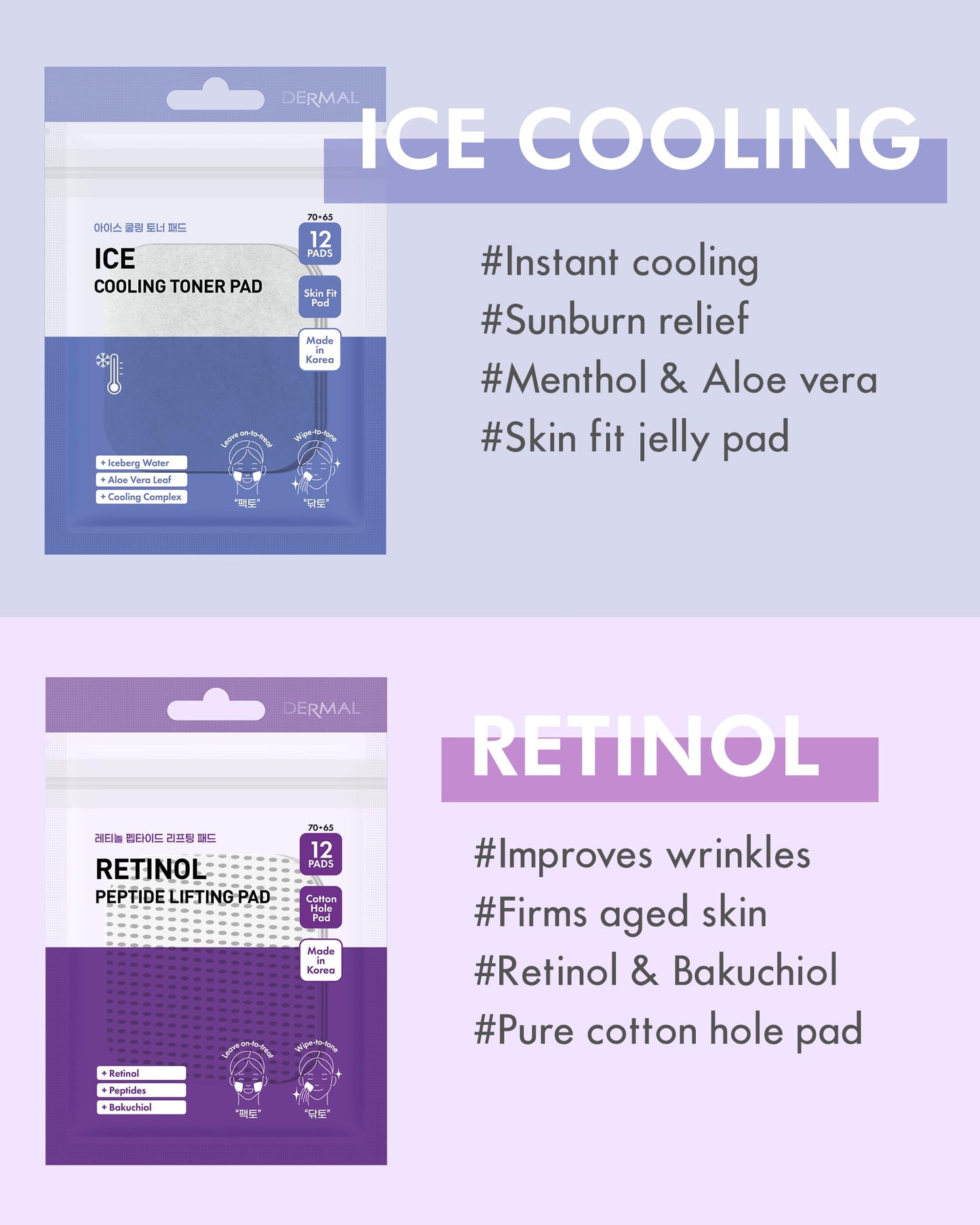 DERMAL 6 Types Toner Pad Trial Kit Portable Travel Combo Set - Ice Cooling, Collagen, Retinol, Madecassoside, Tea Tree, Vitamin Korean Face Toner Pads, 12 Pads x 6 Pack