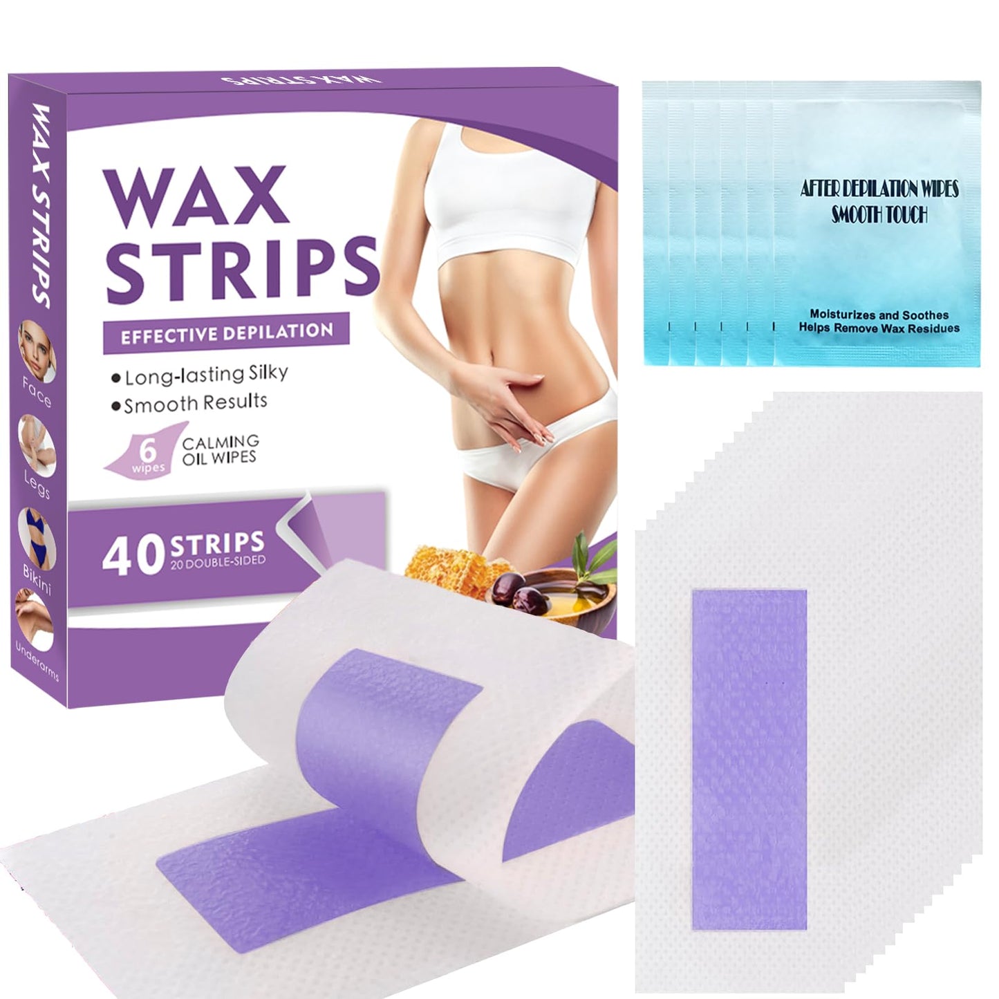 Wax Strips for Hair Removal,Waxing Strips Kit for Women Sensitive All Skin,40 Face Wax Strips & 6 Calming Oil Wipes,Waxing Kit for Women Face,Lips,Body,Legs,Bikini Line,Purple,40 Count (Pack of 1)