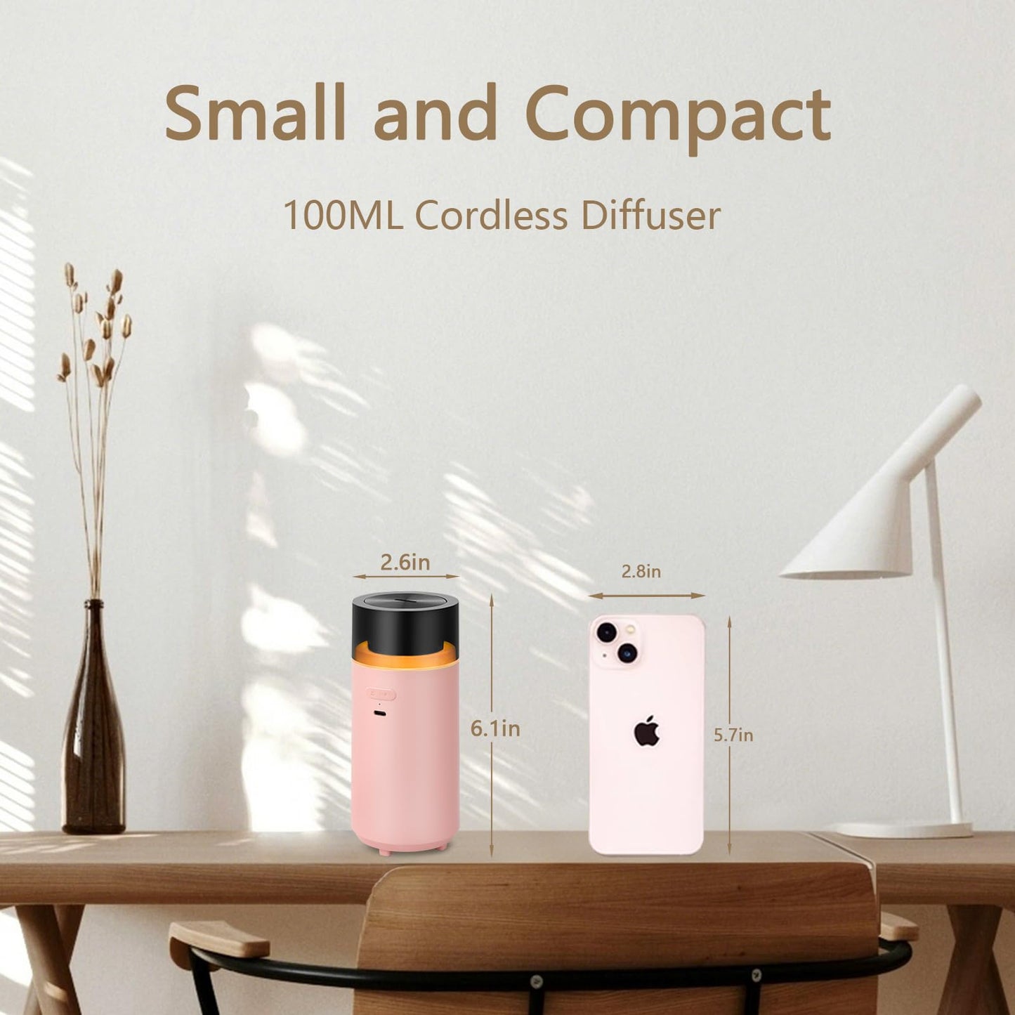 YIXIUTEN Portable Diffuser for Essential Oil,Cordless Cool Mist Aromatherapy Car Diffuser,Built-in 3000mAH Rechargeable Battery,4/8 Timer Modes, Auto On/Off with Car,for Home,Office,Travel(Pink)