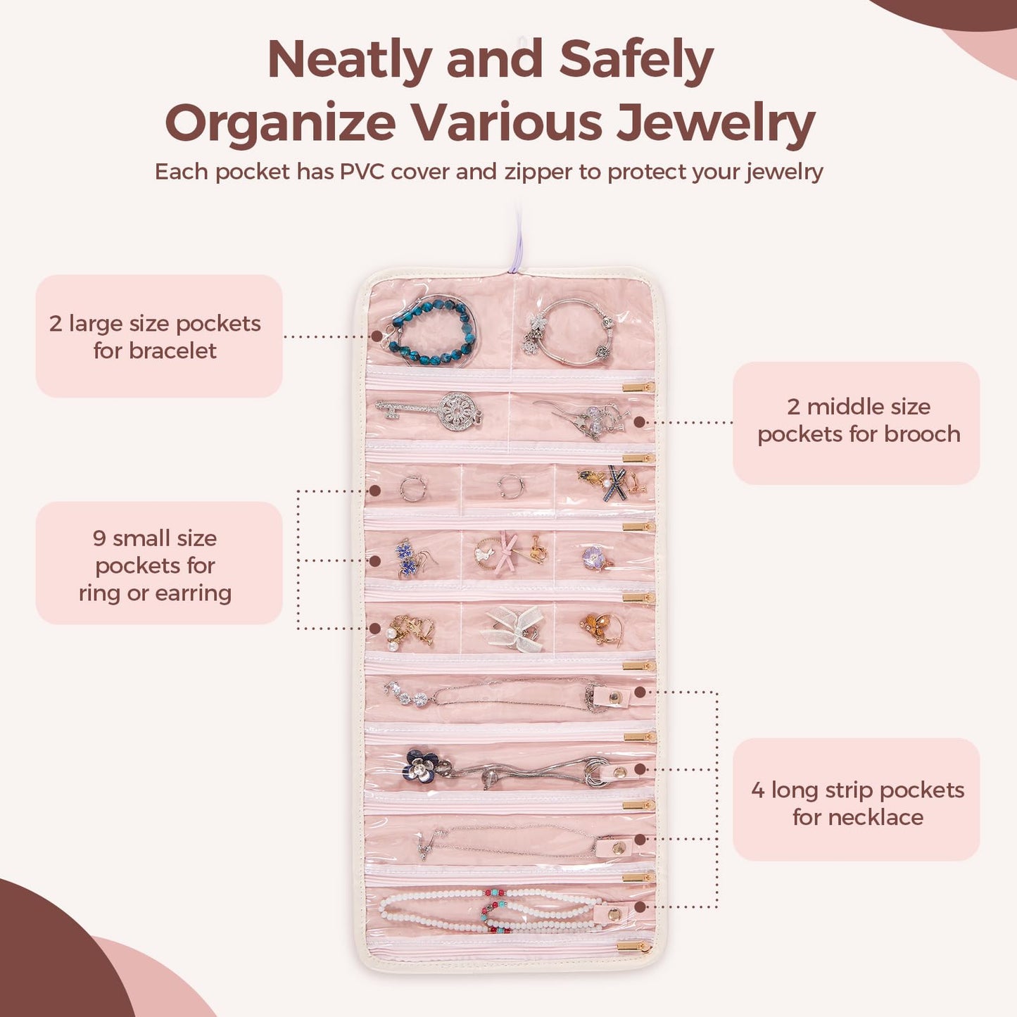 Travel Jewelry Organizer Roll with Zippered Pockets | Tangle-Free Portable Jewelry Storage Case for Women | Holder for Necklaces, Earrings, Rings, Bracelets