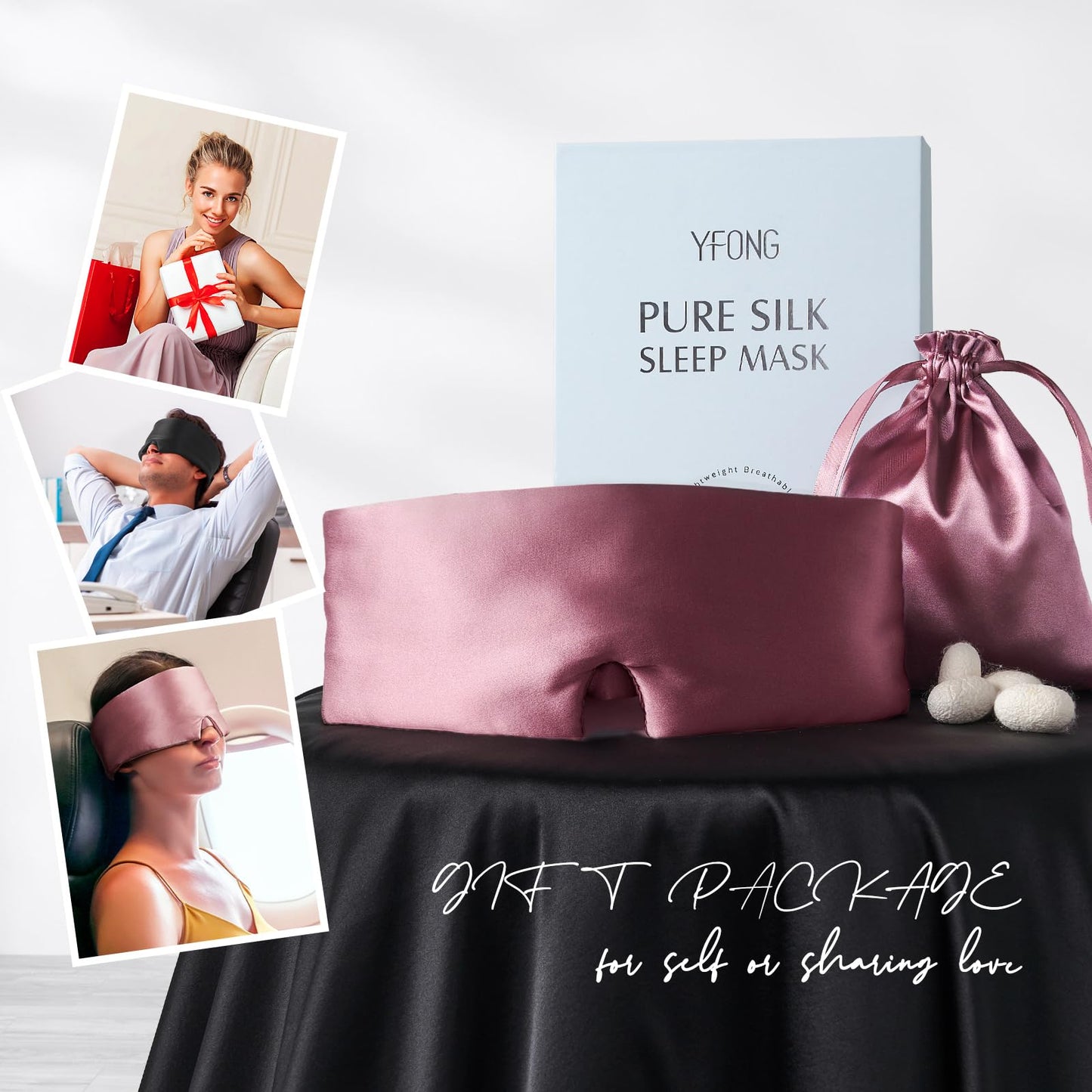 YFONG 100% Mulberry Silk Sleep Mask, Total Blackout Eye Mask for Women & Men, 22 Momme 6A Grade Silk with Adjustable Band Designed for Side Sleeper Pink