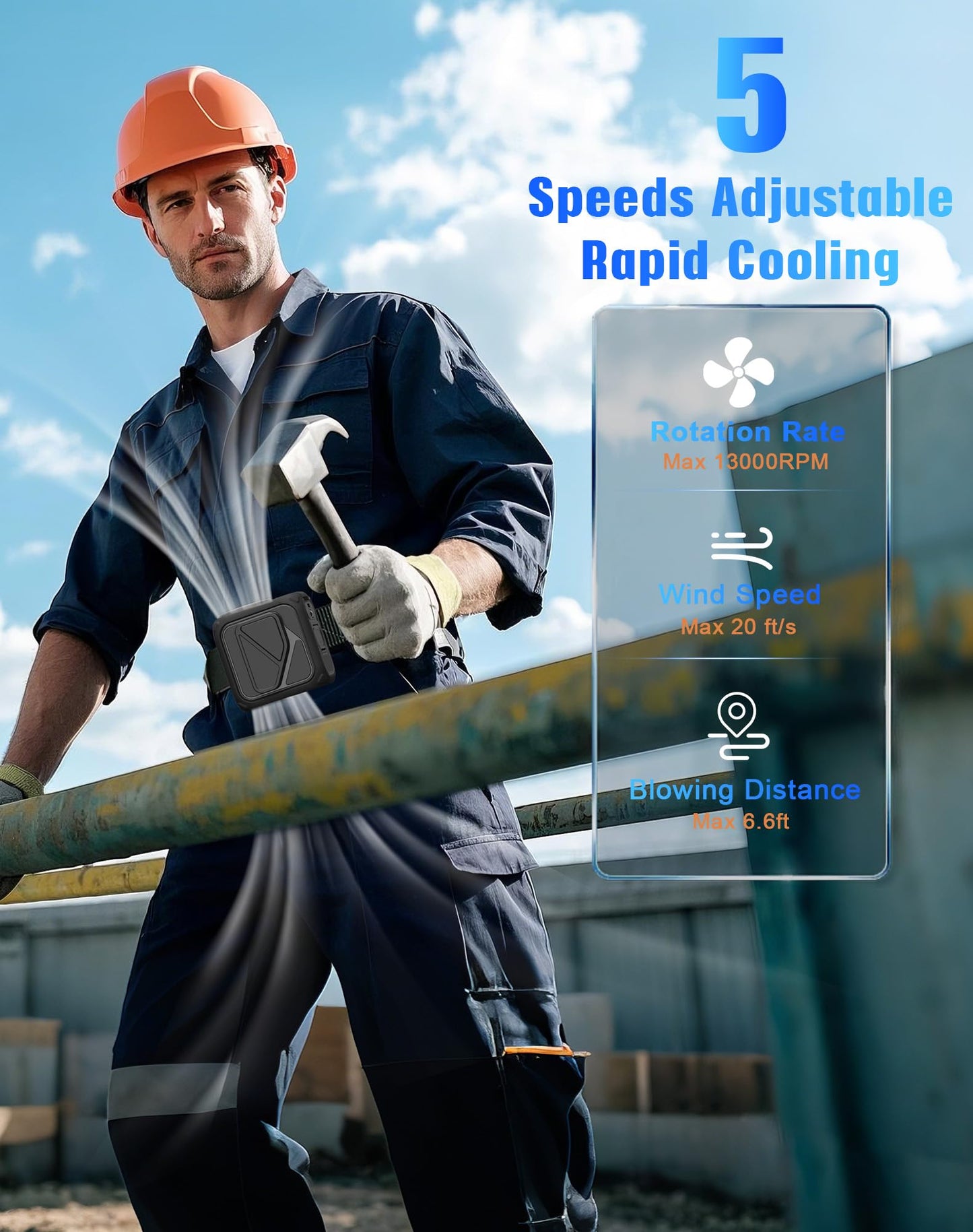 Portable Waist Fan Rechargeable,10000mAh Mini Neck Fan With AI Chip,5 Speeds Strong Airflow,Max 20H Working Time,LED Light,Personal Clip Belt Fan for Outdoor,Traveling,Jobsite(Black).