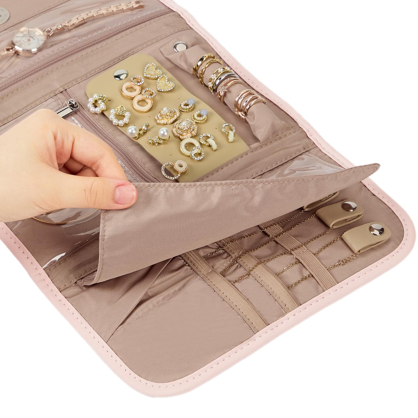 NISHEL Travel Jewelry Organizer Case, Foldable Storage Roll for Necklaces, Earrings, Bracelets, Rings, Watch, Pink