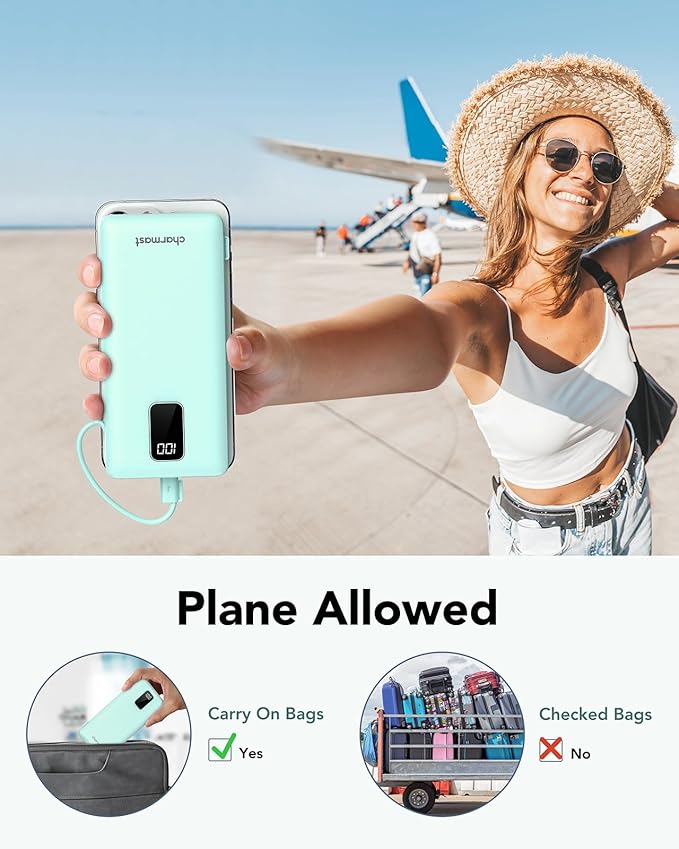 charmast Portable Charger with Built-in Cables and Plug, 10000mAh USB C Power Bank Fast Charging, External Battery Pack Slim, Travel Essentials Compatible with iPhones, Samsung Galaxy, iPad