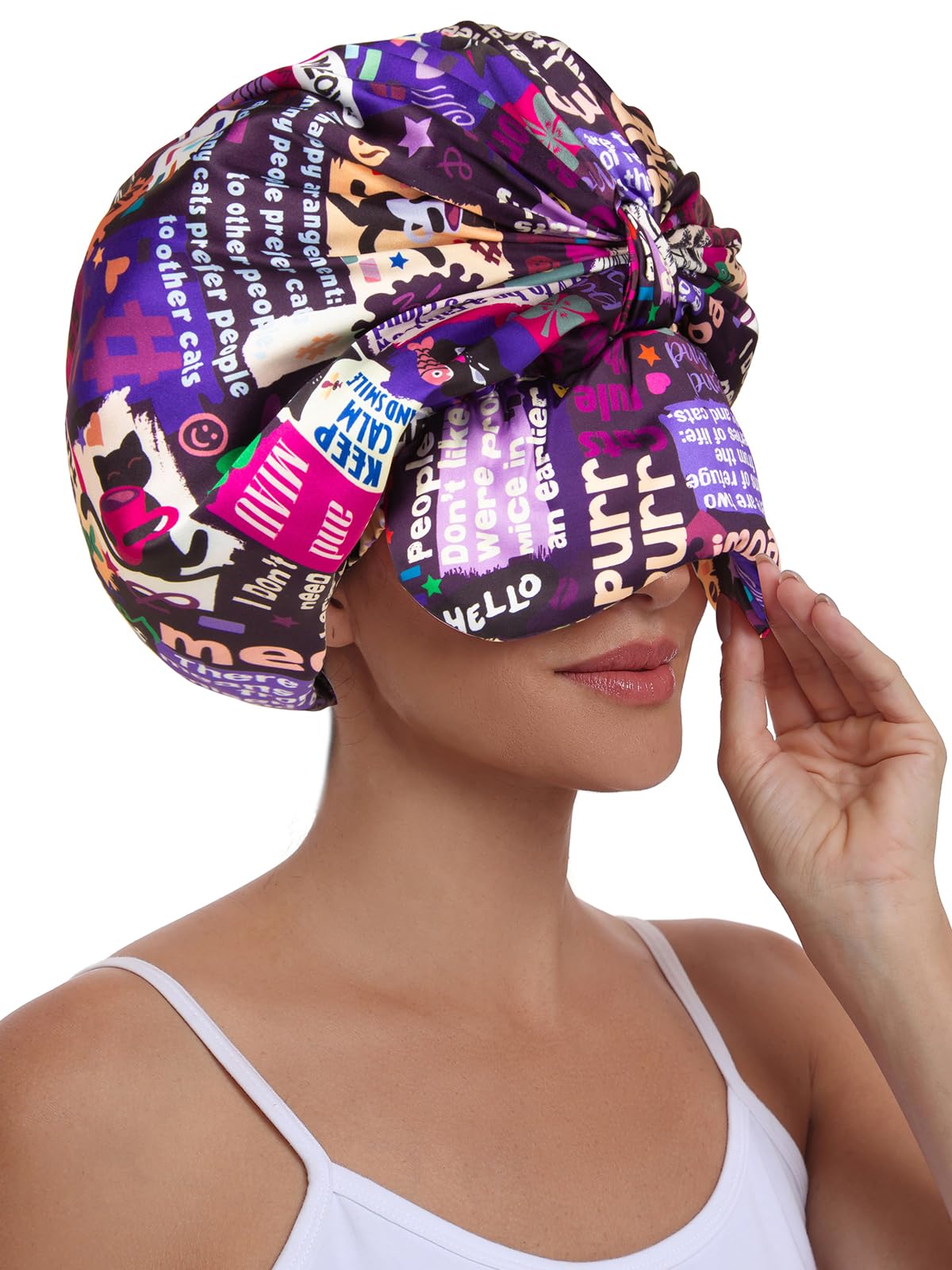 Vettres Double Layer Satin Bonnet with Eye Mask Adjustable Silk Sleep Cap Turban Style Hair Wrap for Curly Hair Purple Animals
