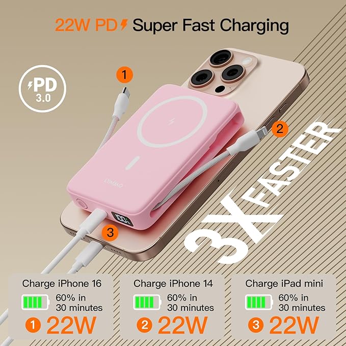 2025 Latest Portable Charger, 16800mAh Magnetic 15W Wireless Power Bank with 2 Built in Cables, LED Display Battery Pack Travel Essentials for iPhone 17/16/15/14/13/12/Pro/Mini/Pro Max
