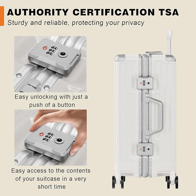 AnyZip Carry On Luggage PC+ABS Aluminum Frame Zipperless Luggage Hard Shell Suitcase with TSA Lock Double Spinner Wheels 20 Inch White