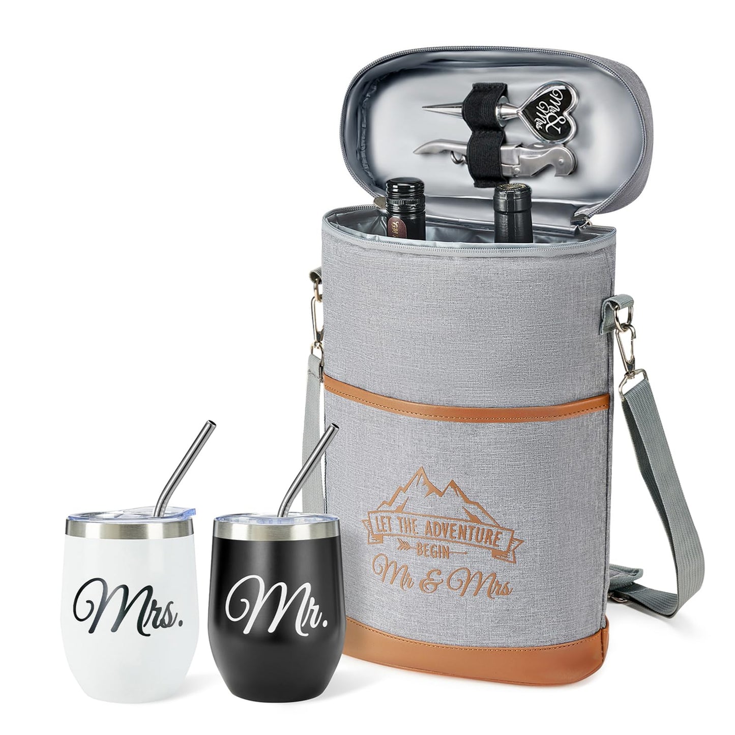 AW BRIDAL Engagement Gifts for Newlywed Couples 2025, Mr and Mrs Wine Gift Basket for Wedding Bridal Shower, Anniversary Insulated Wine Cooler Bag Tumblers with Accessorie Set for Beach Camping Travel