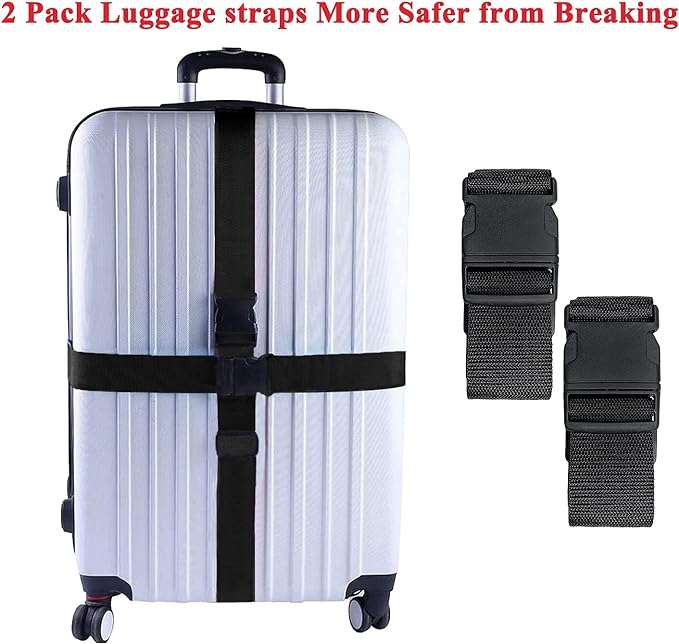2 Pack Suitcase Belts, Adjustable Luggage Straps, Bright Colors Travel Packing Straps with Quick Release Buckle (Black)