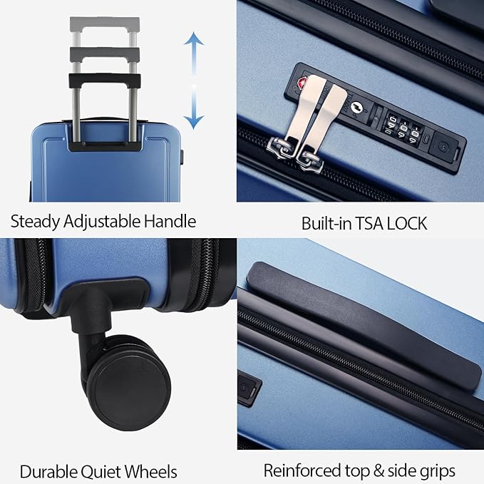KROSER Carry On Luggage with Spinner Wheels & Built-in TSA Lock, Expandable Top Loading Hard Shell Suitcase Large Capacity Durable Rolling Luggage with USB Port, Carry-On 20-Inch, Light Blue