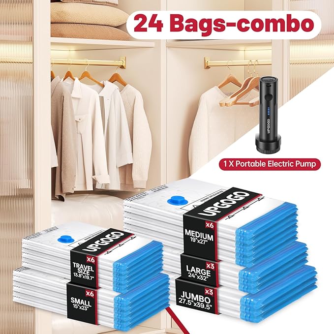 Combo 24 Pack Vacuum Storage Bags with Portable Electric Pump,Vacuum Seal Bags for Clothing,Space Saver Bags,Vacuum Travel Bags for Luggage