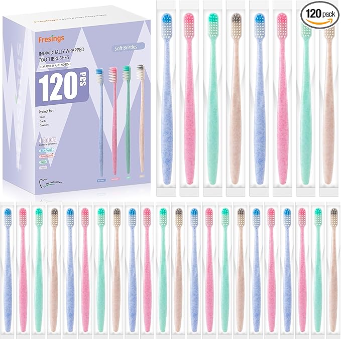 120-Pack Disposable Toothbrushes Individually Wrapped, Soft Bristle Bulk Travel Toothbrush for Adults, Kids, Guest, Hotel, Home, Camping, Donation – 4 Colors, Mini Manual Value Pack