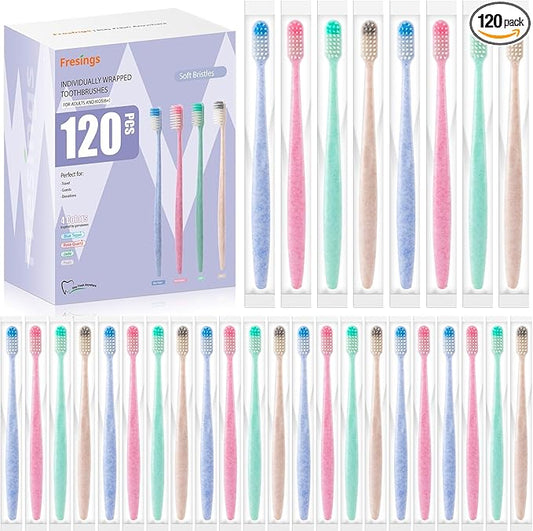 120-Pack Disposable Toothbrushes Individually Wrapped, Soft Bristle Bulk Travel Toothbrush for Adults, Kids, Guest, Hotel, Home, Camping, Donation – 4 Colors, Mini Manual Value Pack