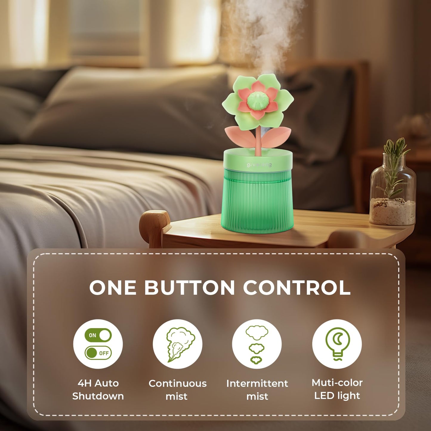 Cute Flower Mini Humidifier, 260ml Gardenia Desktop Humidifiers for Bedroom, Portable Small Cool Mist Humidification for Home, Baby Nursery, Office & Indoor Plants, USB Powered (Green)