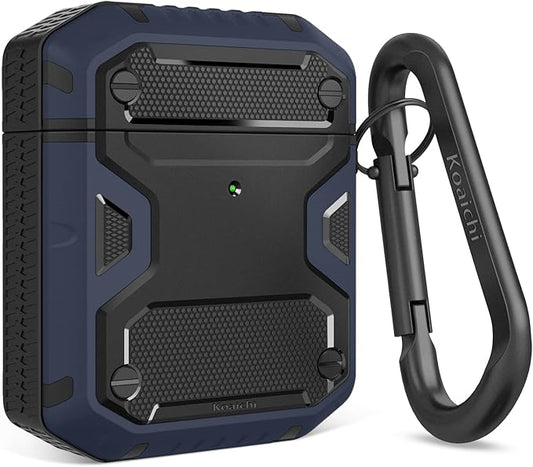 Koaichi Compatible with AirPods Case, Full-Body Rugged Hard Shell Protective Case Cover with Keychain Designed for AirPods 1st & 2nd, Black/Blue