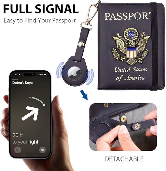 Cnycmy Passport Holder with Airtag,Passport-Wallet-Holder for Women, RFID Passport Holder with Slot Waterproof, PU Leather Travel Passport Case (black1)