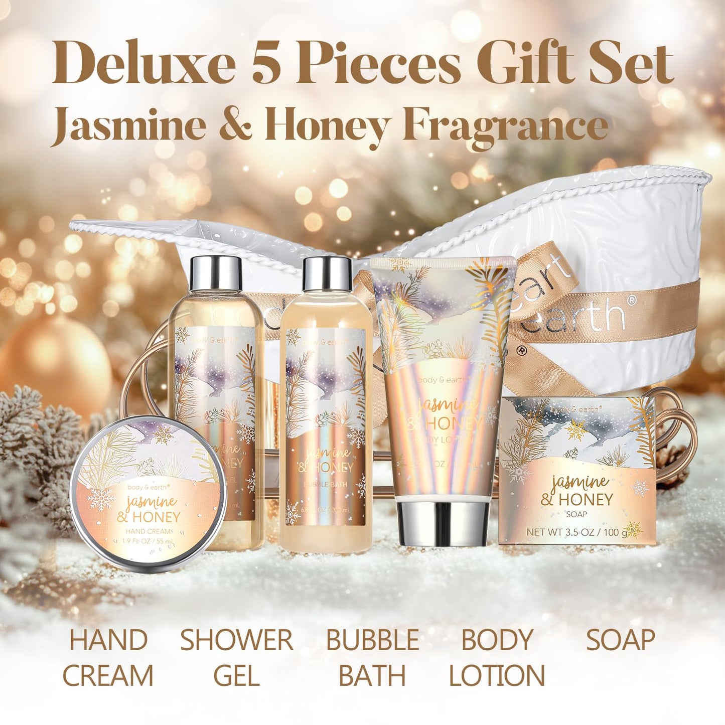 Gift Baskets for Women, Body & Earth Gift Set with Jasmine & Honey Scent Includes Bubble Bath, Hand Cream, Holiday Gift Baskets, Bath and Body Gift Sets for Women, Happy New Year Gifts