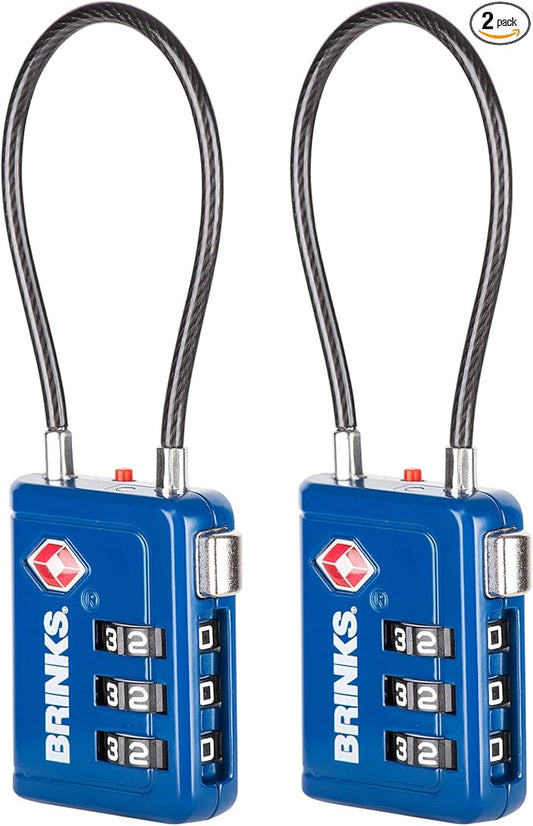Brinks TSA Accepted Indicator Luggage Lock, Ressetable Combination, New More Secure TSA008 Key, 2 Pack (2, Blue, 2.5" Shackle)