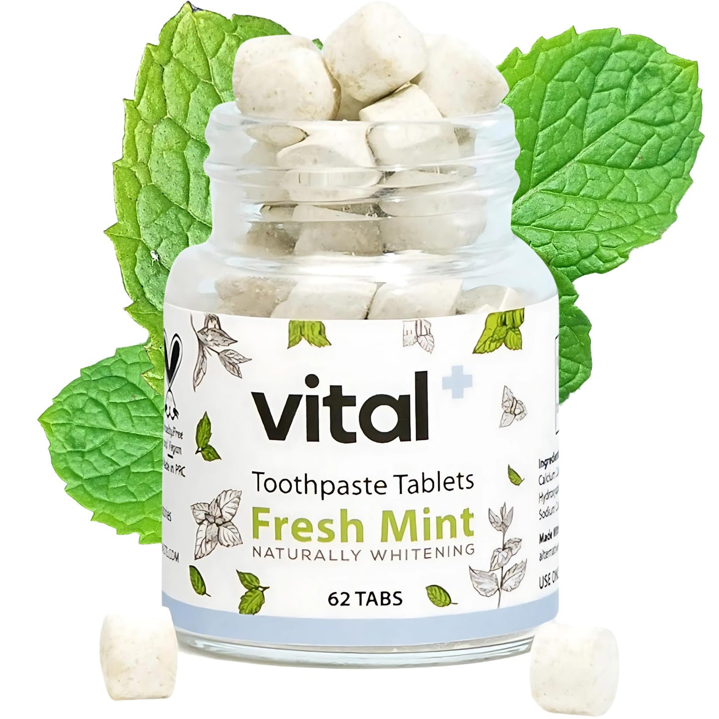 Vital Toothpaste Tabs with 7% Nano-Hydroxyapatite | Naturally Whitens + Remineralizes Teeth | Fluoride & Plastic Free | Combats Sensitivity | Travel & Eco Friendly | Fresh Mint | 62 Tablets (1 Month)