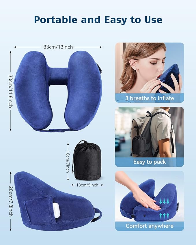 Travel Pillow Inflatable Neck Pillow Airplane Pillow with Velvet Cover Inflatable Pillow for Car/Train/Plane (Blue, M)