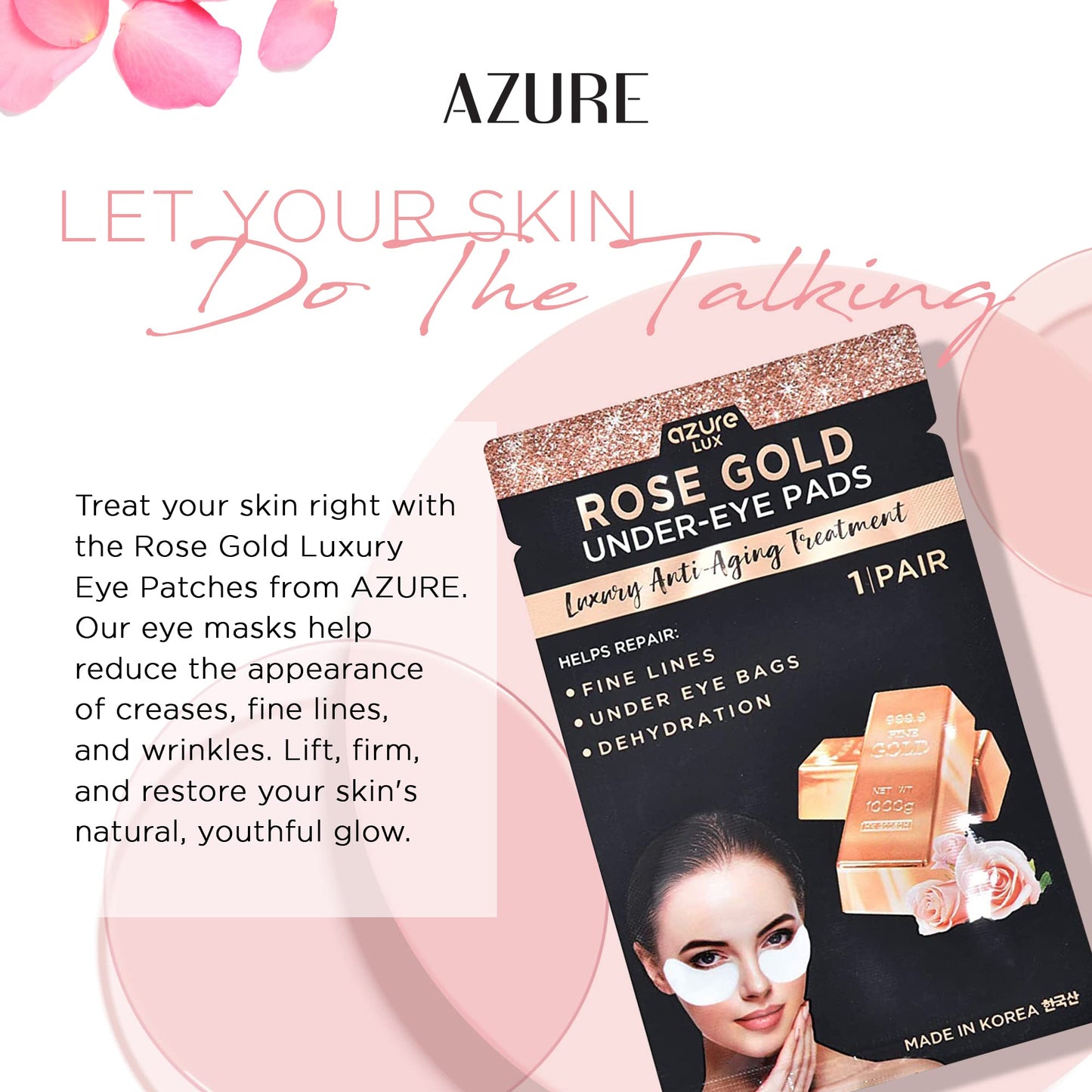 Azure Cosmetics Rose Gold Luxury Anti Aging Under Eye Pads - Lifting, Smoothing & Hydrating Eye Mask Patches - Reduces Fine Lines, Wrinkles, Dark Circles & Puffiness - Made in Korea - 5 Pairs