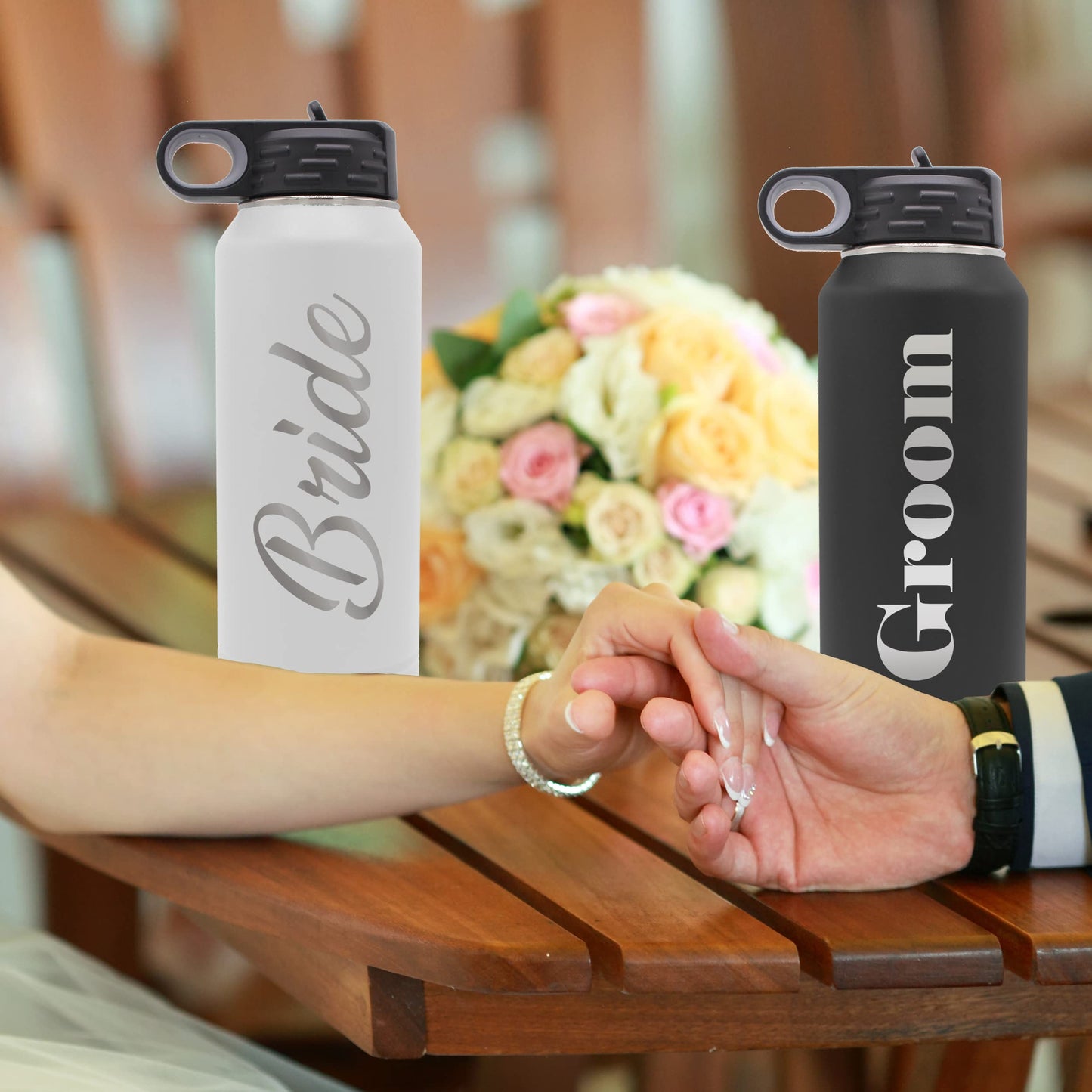 My Personal Memories Bride and Groom Insulated Travel Tumbler Set of 2 - Engraved To Go Cup Gift for Wedding, Rehearsal Dinner Party, Honeymoon, Reception (32 oz Water Bottle Tumbler Set)