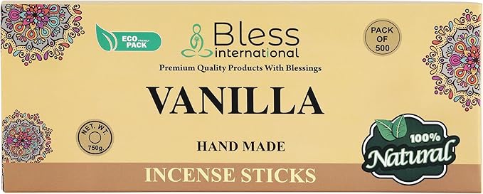 Bless-Vanilla 100%-Natural-Handmade-Hand-Dipped-Incense-Sticks Organic-Chemicals-Charcoal-Free Purification-Relaxation-Positivity-Yoga-Meditation Best-Woods-Scent (500 Sticks(26 OZ))